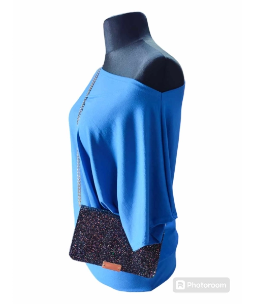 Bluzka kimonowa z dekoltem w łódkę - kolor ciemny niebieski